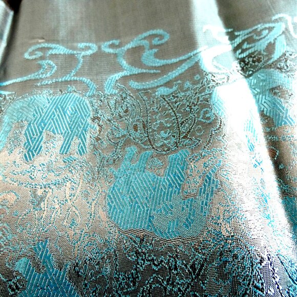 100% Silk Scarf Blue & Black Embossed Lucky Elephant Reflective 73" x 27" NWT - Picture 10 of 14